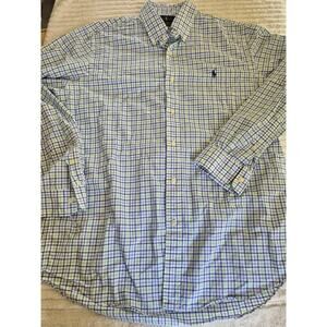 Ralph Lauren Men's Green White Blue Gingham Check Button Down Shirt LRG Pony